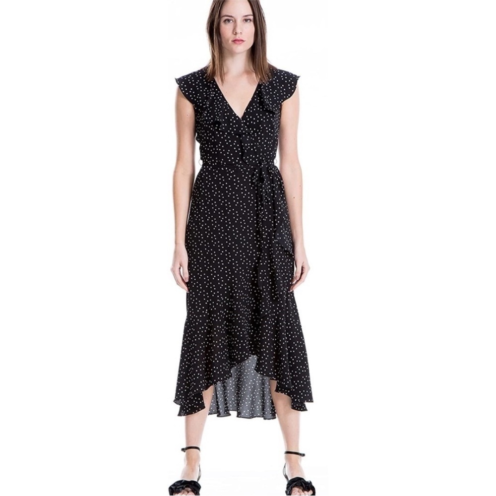 Max Studio Scattered Polka Dot Ruffle Wrap Midi Dress Black & White Breezy Large - Picture 2 of 9